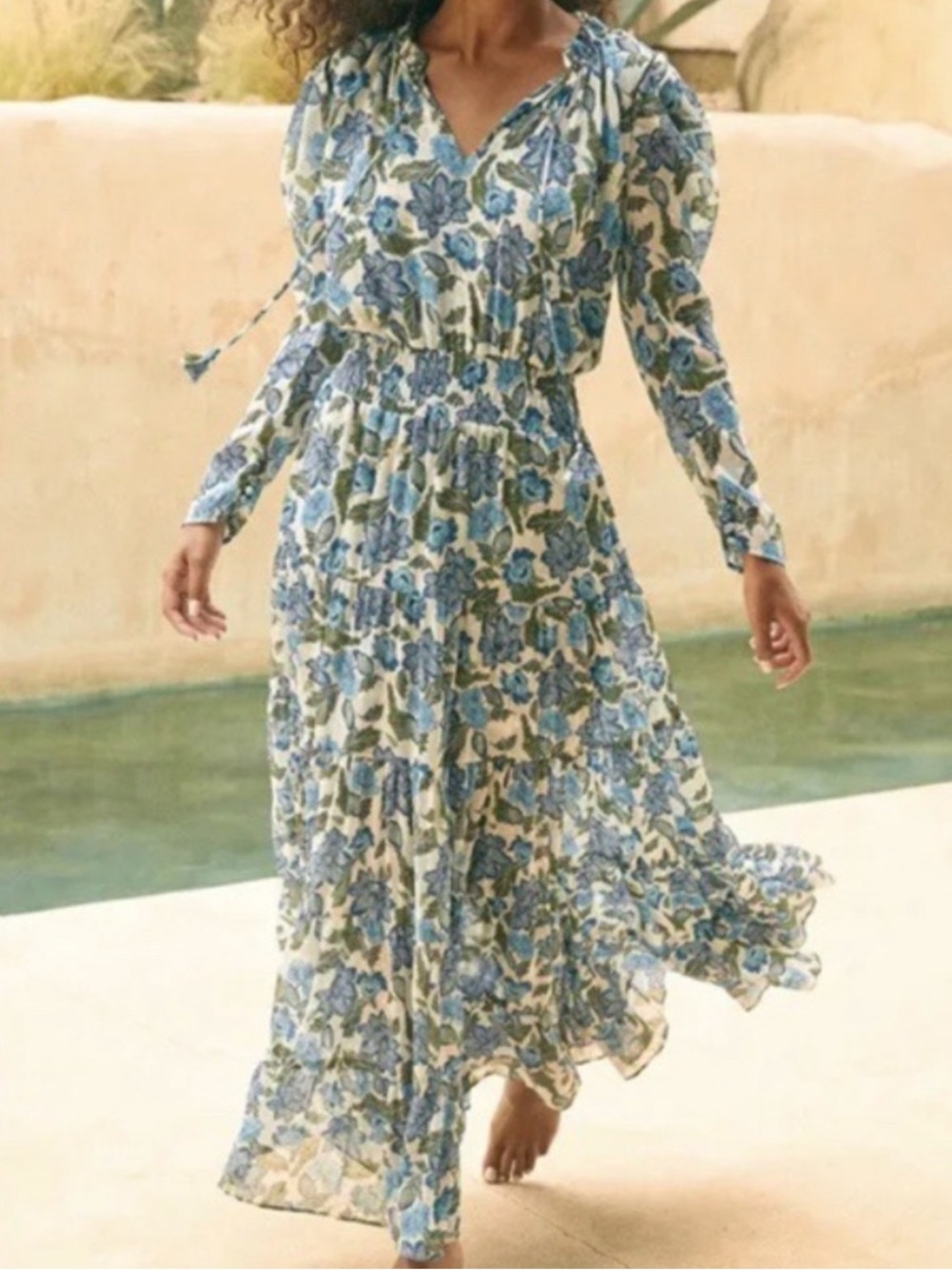 Misa Los Angeles Vida Long Sleeve Blue Floral Maxi Dress Size XL
